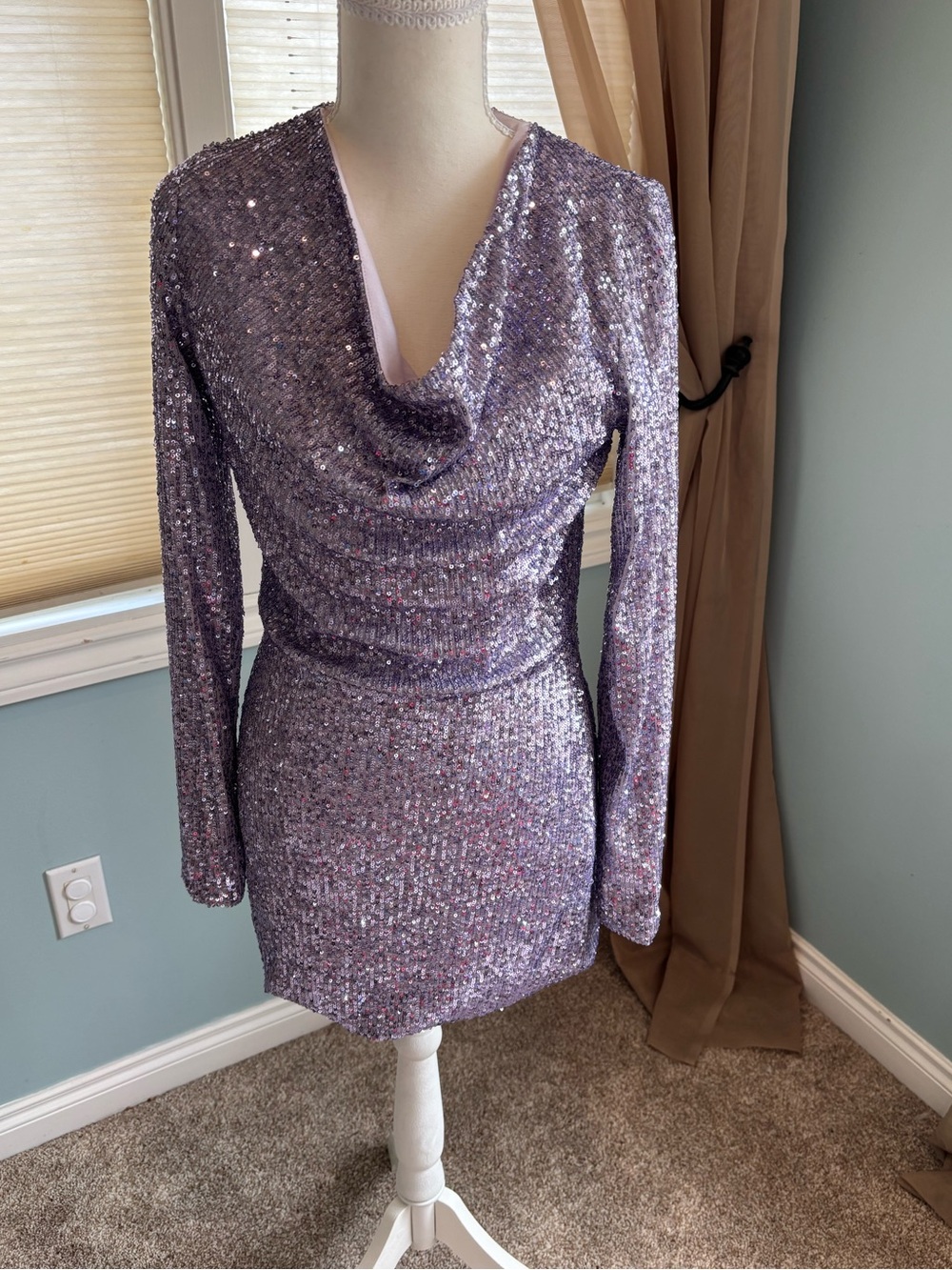 Forever 21 Sequin Cowl Neck Long Sleeve Mini Dress - Lavender